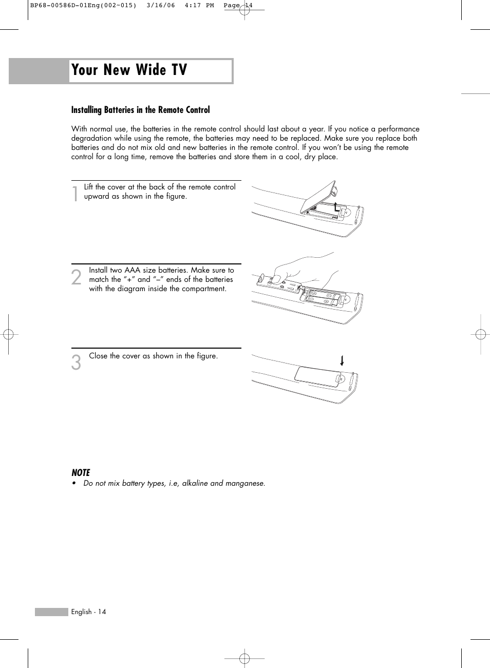 Installing batteries in the remote control, Your new wide tv | Samsung HL-S6166W User Manual | Page 14 / 132