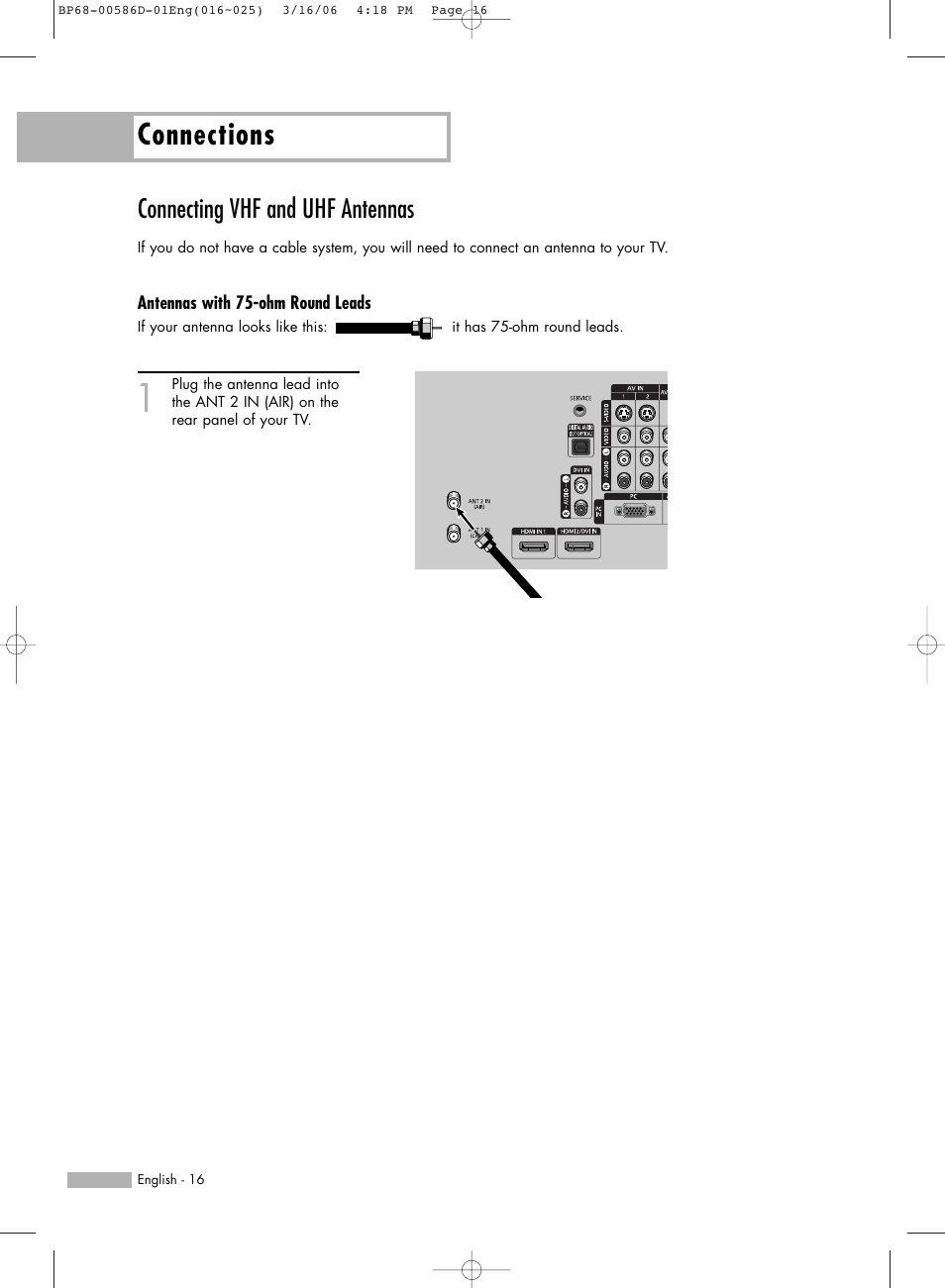 Connecting vhf and uhf antennas, Antennas with 75-ohm round leads, Connections | Samsung HL-S6166W User Manual | Page 16 / 132