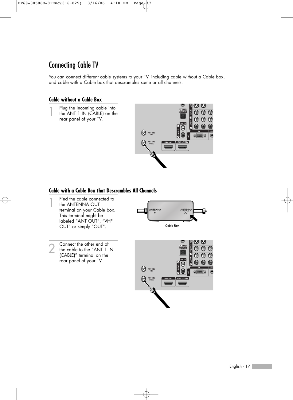 Connecting cable tv, Cable without a cable box | Samsung HL-S6166W User Manual | Page 17 / 132