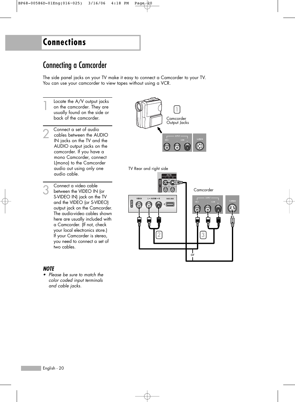 Connecting a camcorder, Connections | Samsung HL-S6166W User Manual | Page 20 / 132