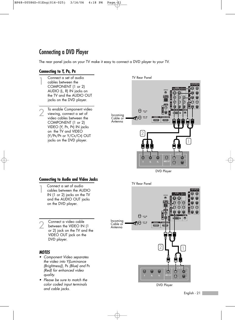 Connecting a dvd player, Connecting to y, pb, pr, Connecting to audio and video jacks | Samsung HL-S6166W User Manual | Page 21 / 132