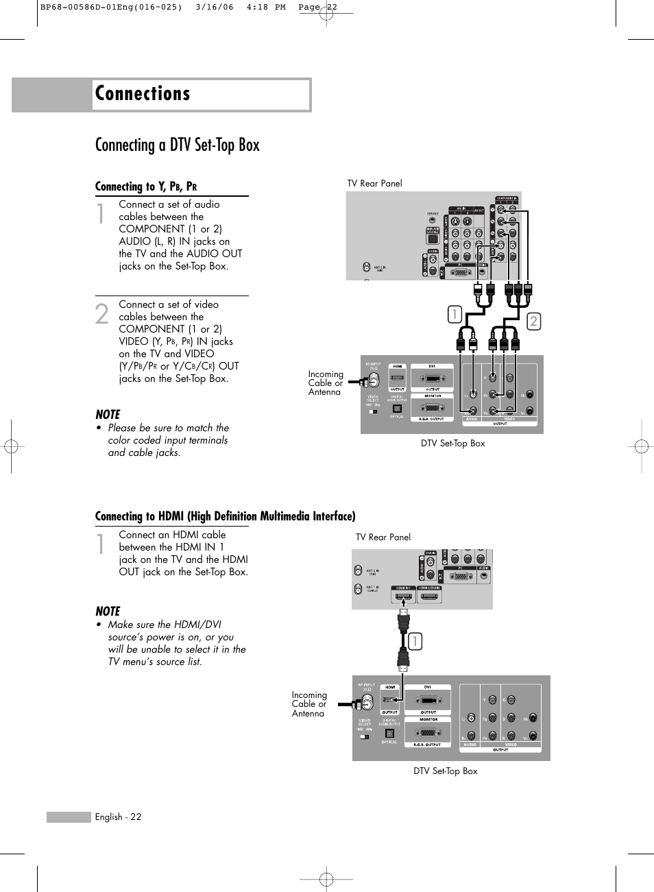Connecting a dtv set-top box, Connecting to y, pb, pr, Connections | Samsung HL-S6166W User Manual | Page 22 / 132
