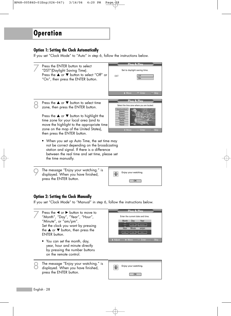 Option 1: setting the clock automatically, Option 2: setting the clock manually, Operation | Samsung HL-S6166W User Manual | Page 28 / 132