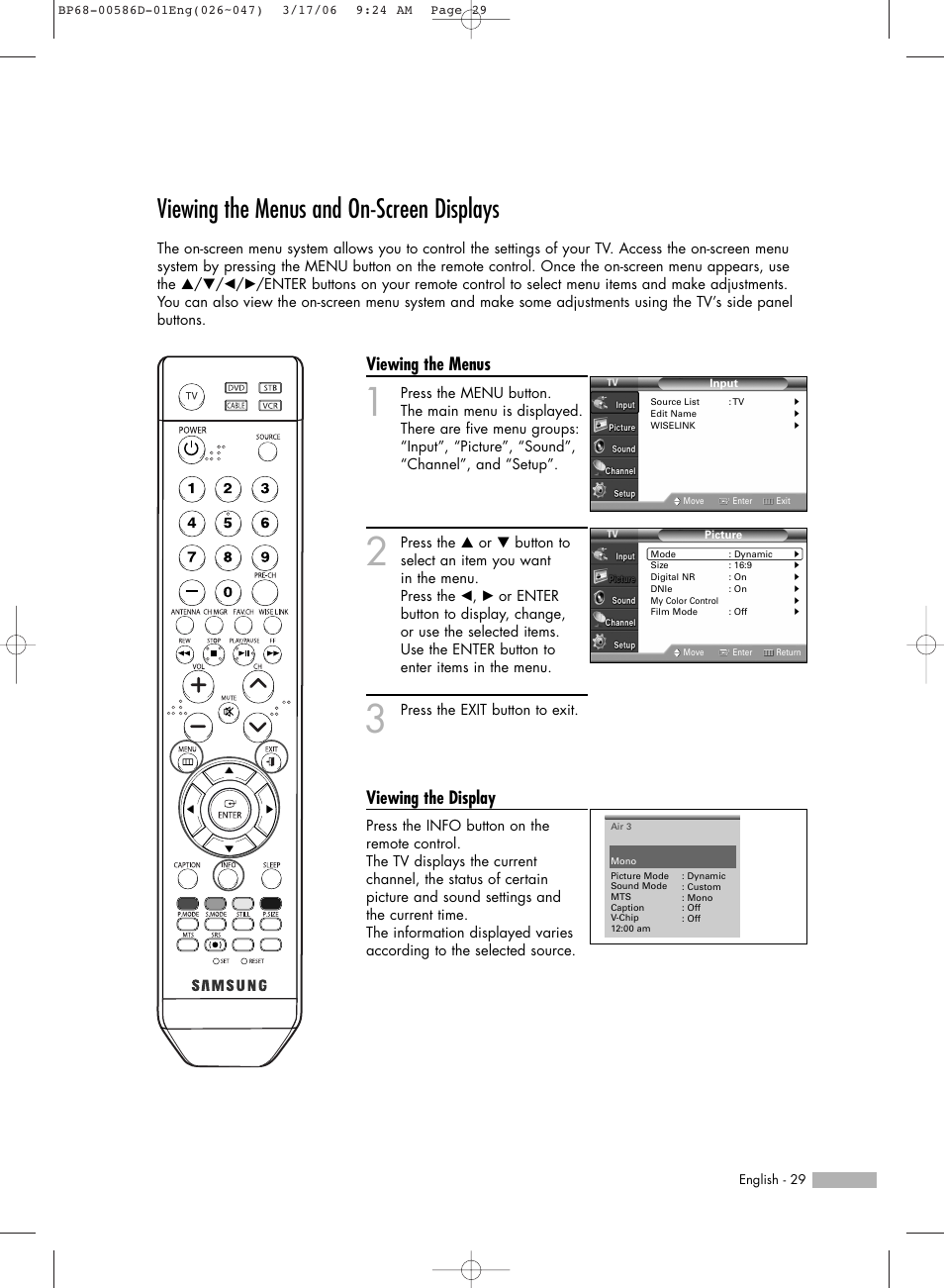 Viewing the menus and on-screen displays, Viewing the menus, Viewing the display | Samsung HL-S6166W User Manual | Page 29 / 132