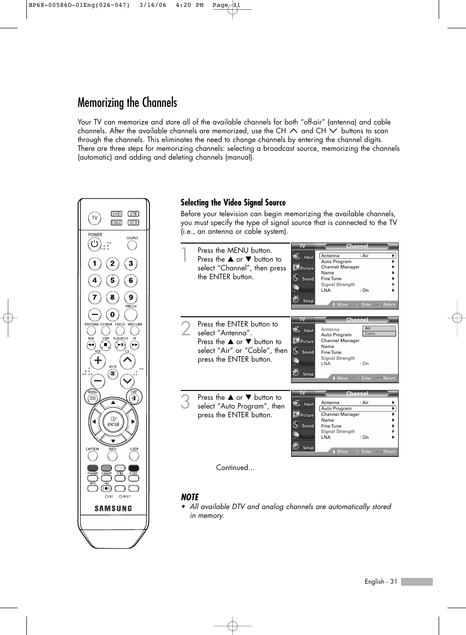 Memorizing the channels, Selecting the video signal source | Samsung HL-S6166W User Manual | Page 31 / 132