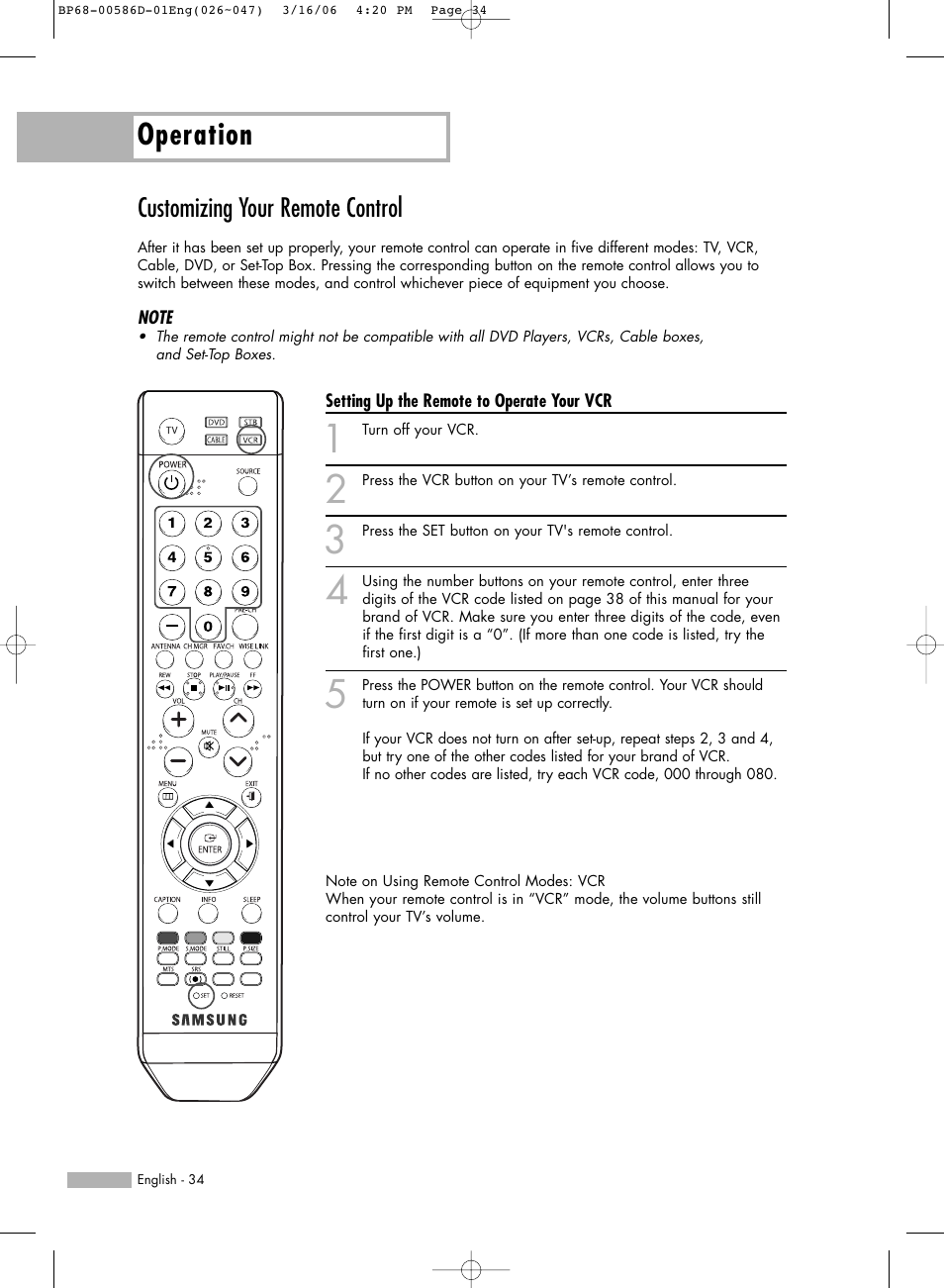 Customizing your remote control, Operation | Samsung HL-S6166W User Manual | Page 34 / 132