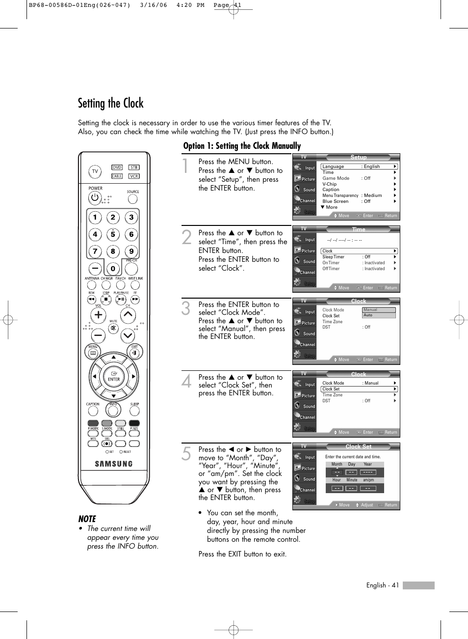 Setting the clock, Option 1: setting the clock manually | Samsung HL-S6166W User Manual | Page 41 / 132