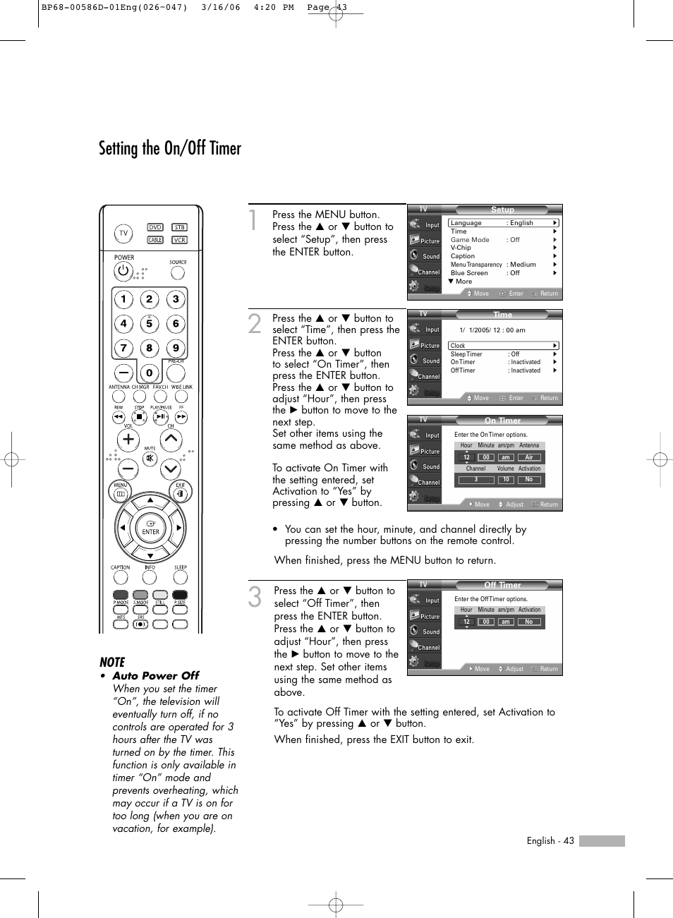 Setting the on/off timer | Samsung HL-S6166W User Manual | Page 43 / 132