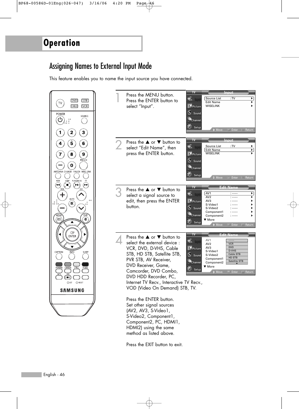 Assigning names to external input mode, Operation | Samsung HL-S6166W User Manual | Page 46 / 132