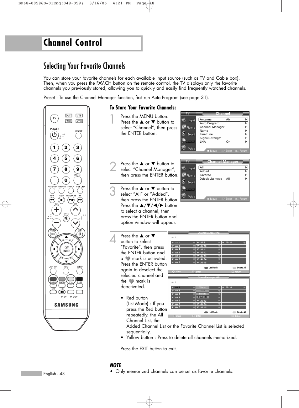 Selecting your favorite channels, Channel control | Samsung HL-S6166W User Manual | Page 48 / 132