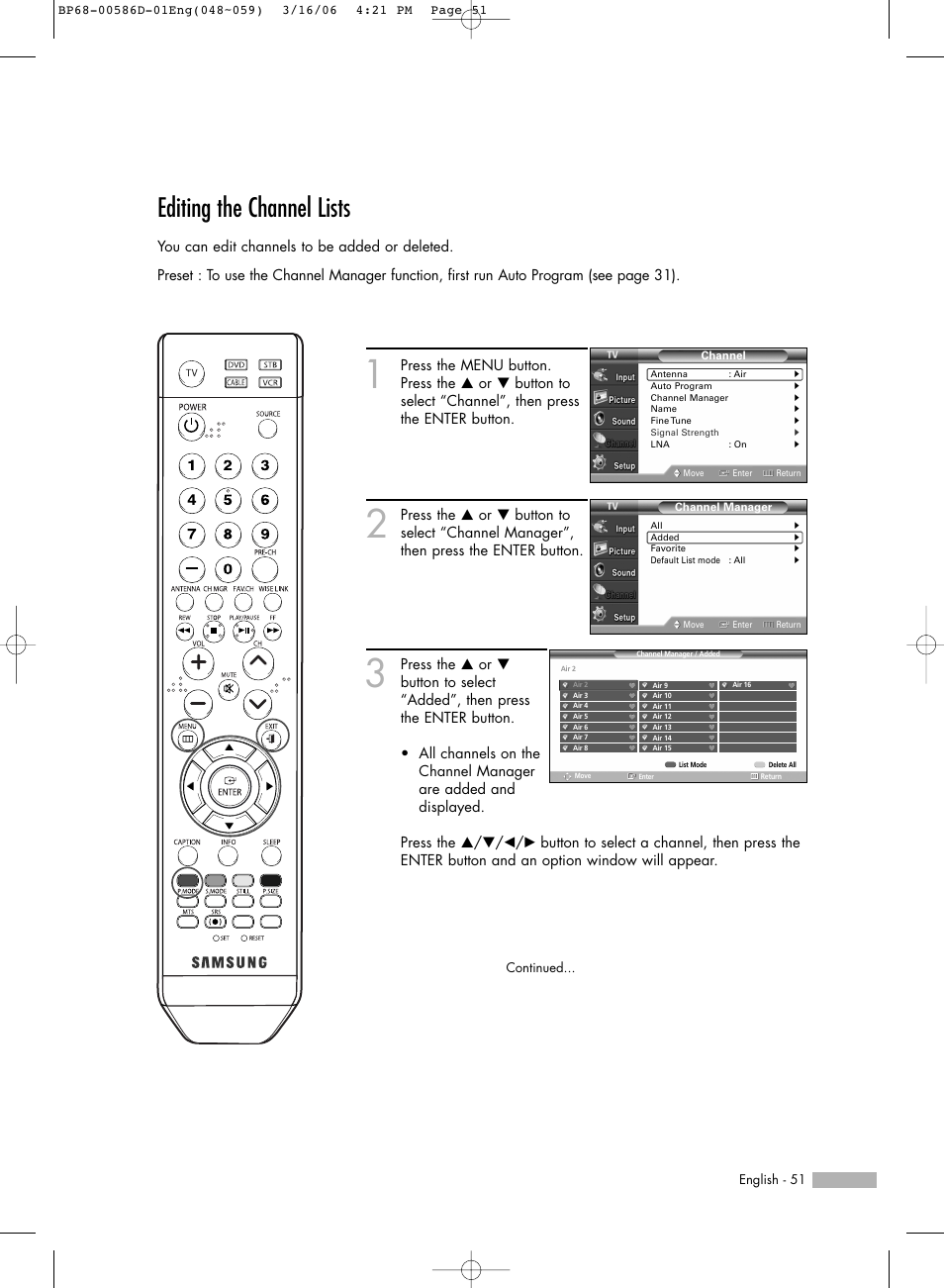 Editing the channel lists | Samsung HL-S6166W User Manual | Page 51 / 132