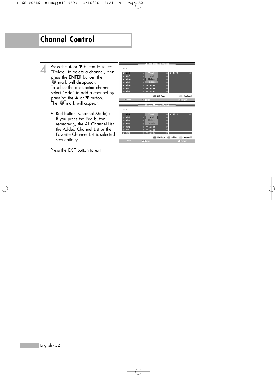 Channel control | Samsung HL-S6166W User Manual | Page 52 / 132