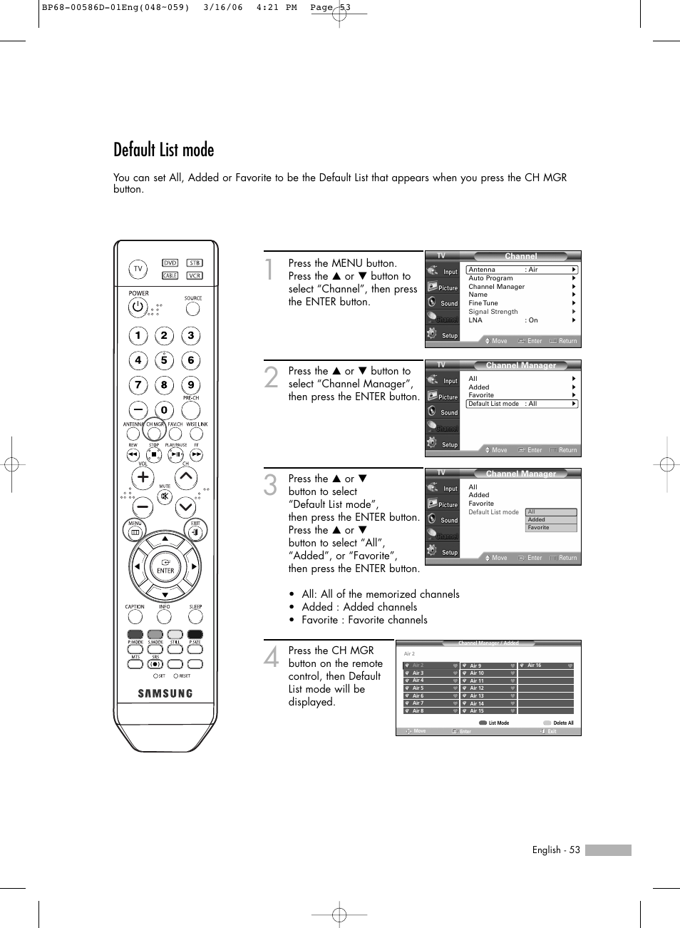 Default list mode | Samsung HL-S6166W User Manual | Page 53 / 132