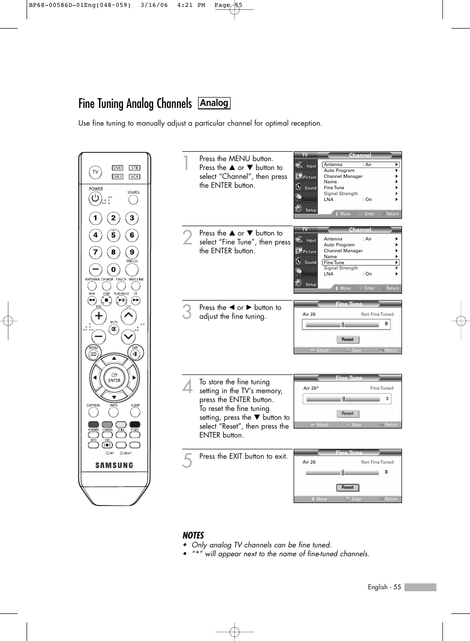 Analog - fine tuning analog channels, Fine tuning analog channels, Analog | Samsung HL-S6166W User Manual | Page 55 / 132