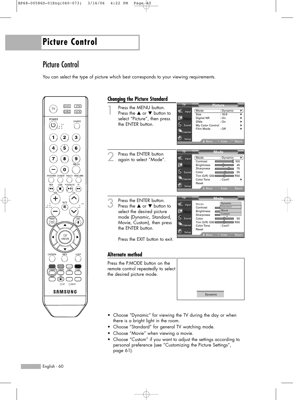 Picture control, Changing the picture standard, Alternate method | Samsung HL-S6166W User Manual | Page 60 / 132