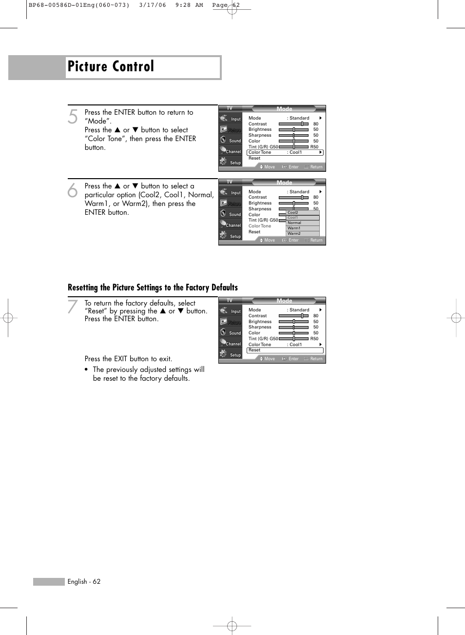 Picture control | Samsung HL-S6166W User Manual | Page 62 / 132