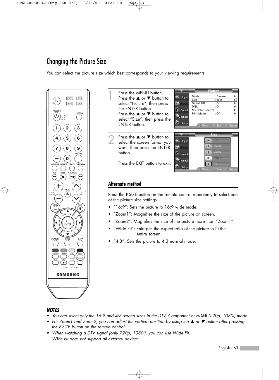Changing the picture size, Alternate method | Samsung HL-S6166W User Manual | Page 63 / 132
