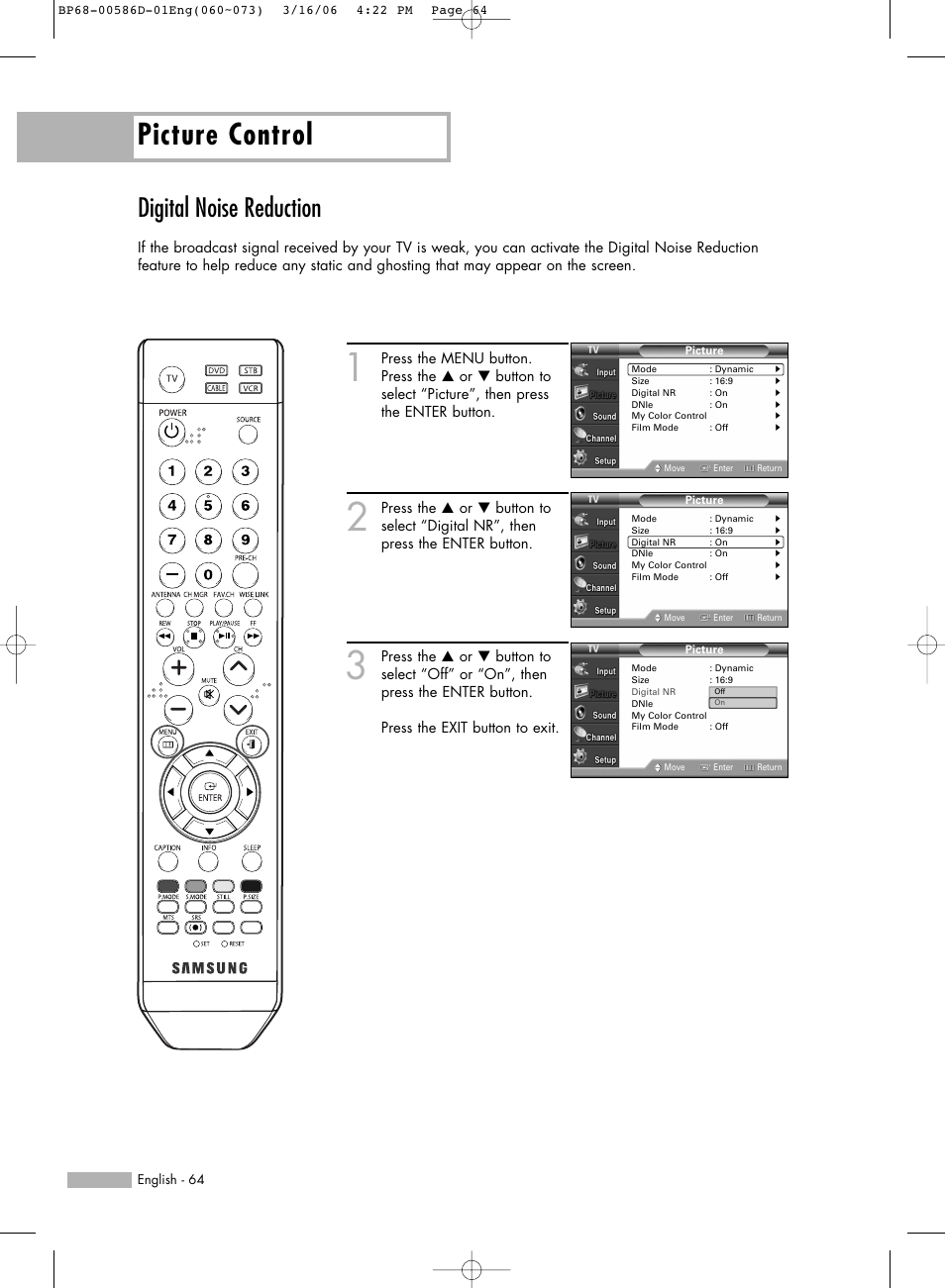 Digital noise reduction, Picture control | Samsung HL-S6166W User Manual | Page 64 / 132