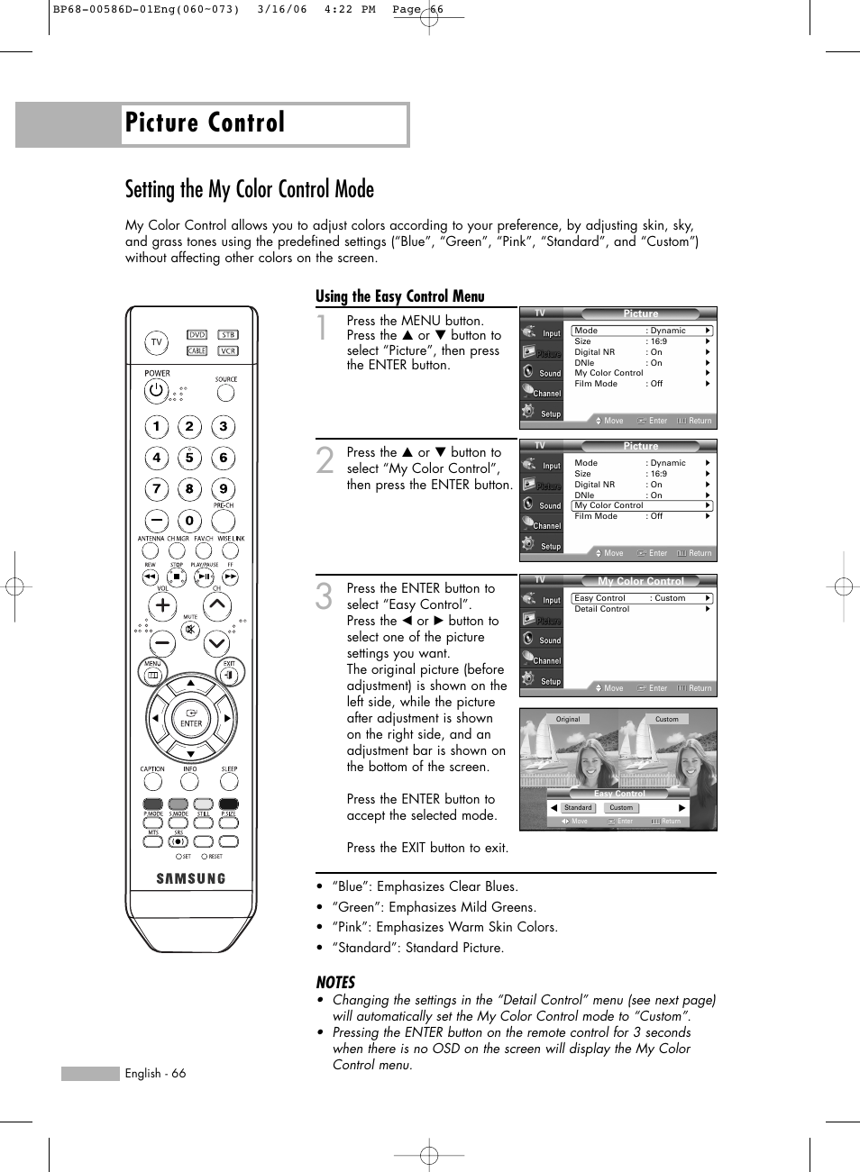 Setting the my color control mode, Picture control, Using the easy control menu | Samsung HL-S6166W User Manual | Page 66 / 132