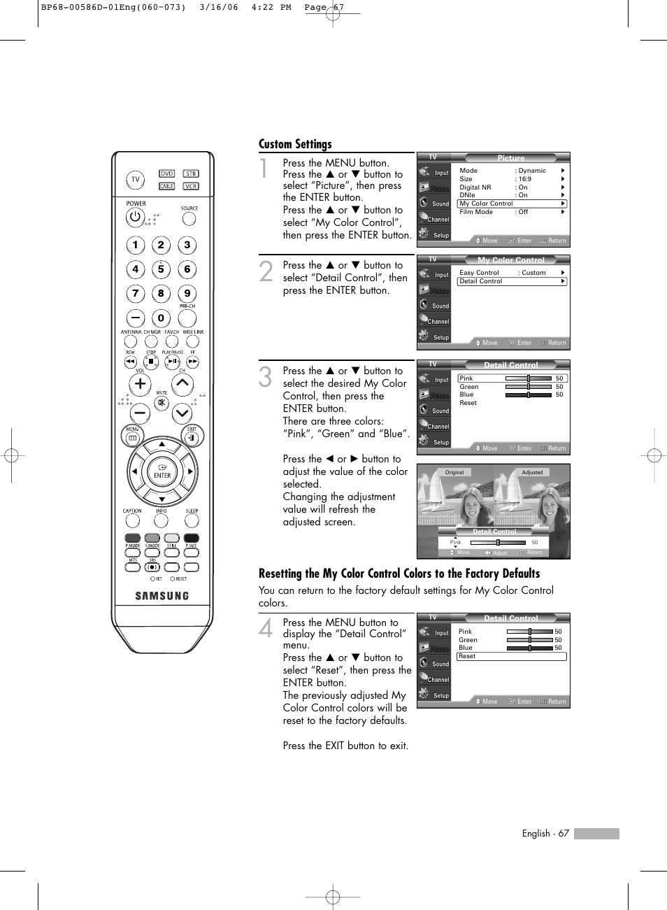 Custom settings | Samsung HL-S6166W User Manual | Page 67 / 132