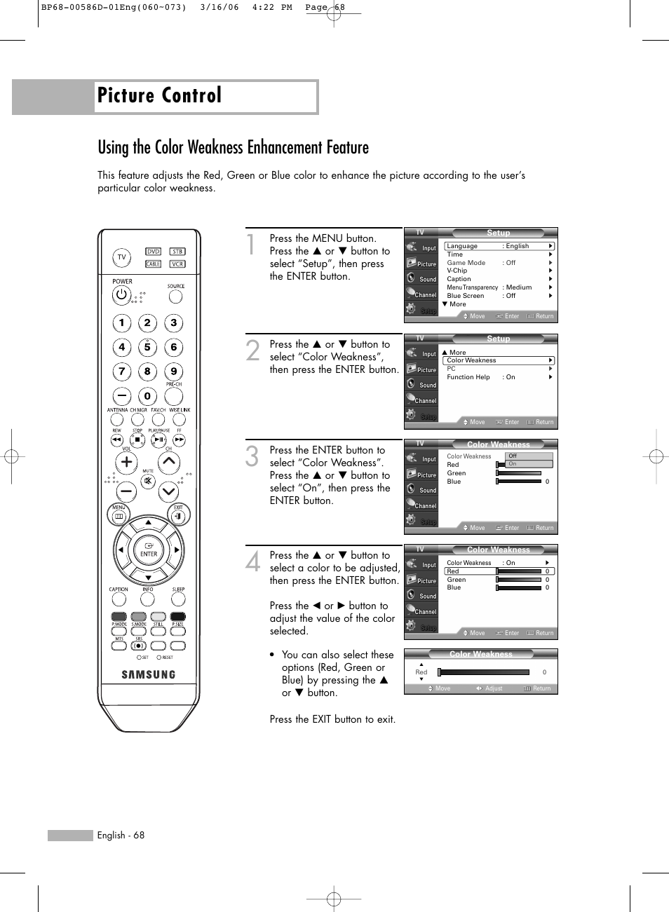 Using the color weakness enhancement feature, Picture control | Samsung HL-S6166W User Manual | Page 68 / 132