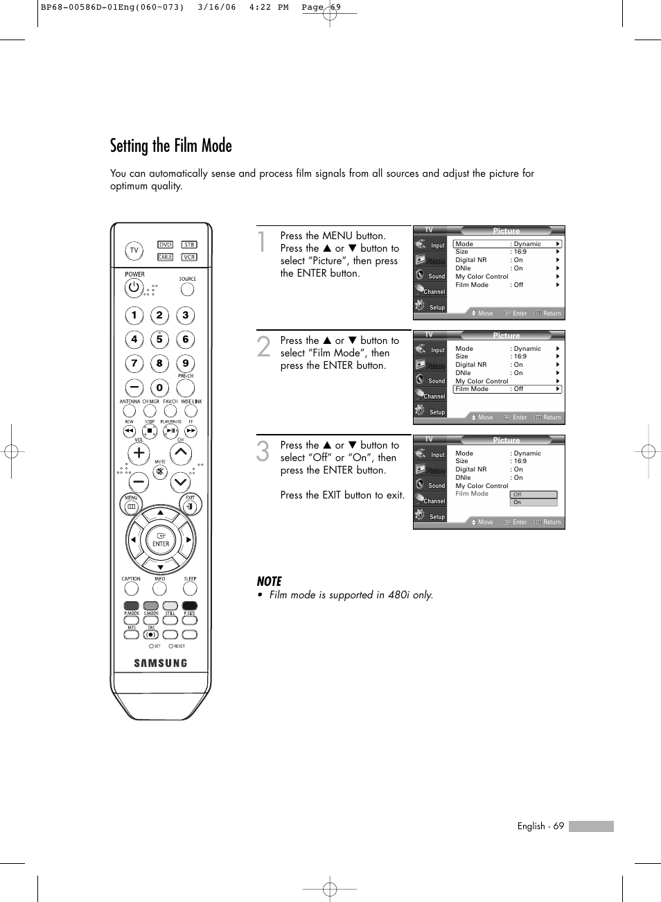 Setting the film mode | Samsung HL-S6166W User Manual | Page 69 / 132