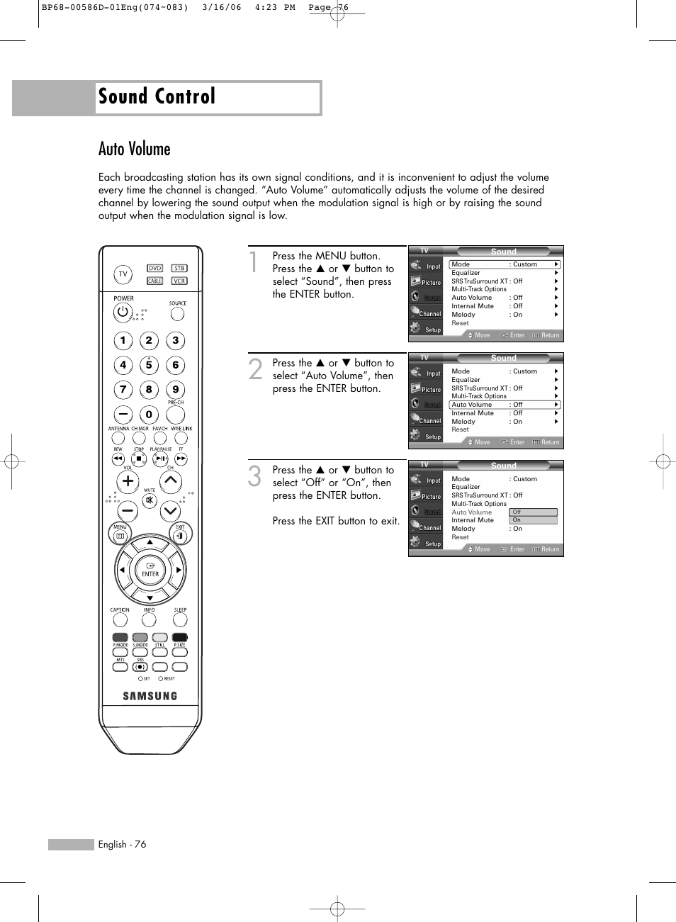 Auto volume, Sound control | Samsung HL-S6166W User Manual | Page 76 / 132
