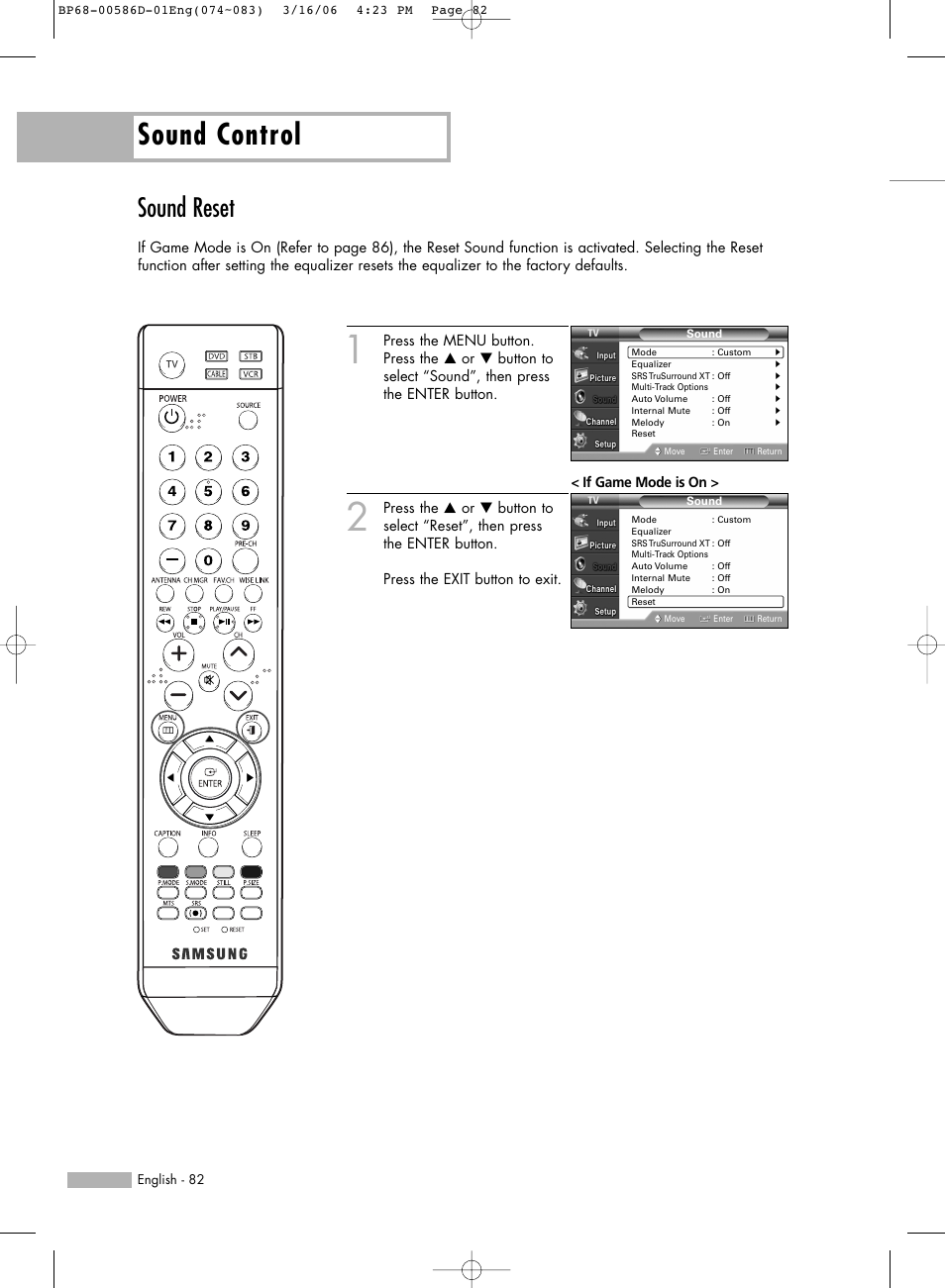 Sound reset, Sound control | Samsung HL-S6166W User Manual | Page 82 / 132