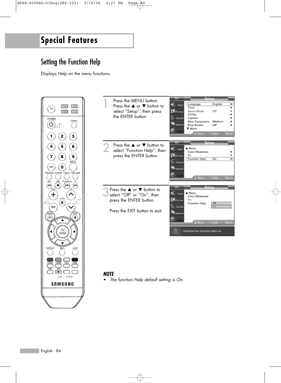 Setting the function help, Special features | Samsung HL-S6166W User Manual | Page 84 / 132