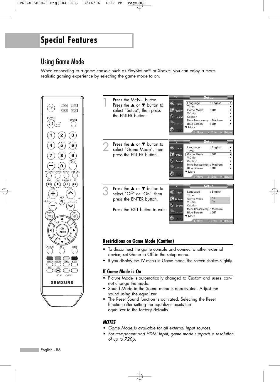 Using game mode, Special features, Restrictions on game mode (caution) | If game mode is on | Samsung HL-S6166W User Manual | Page 86 / 132