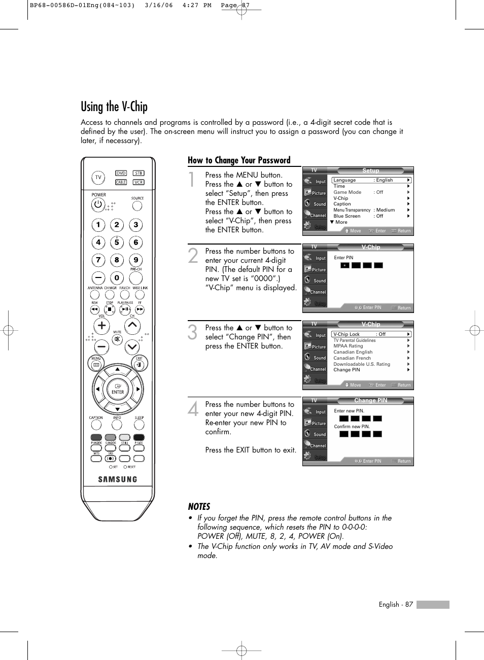 Using the v-chip, How to change your password | Samsung HL-S6166W User Manual | Page 87 / 132
