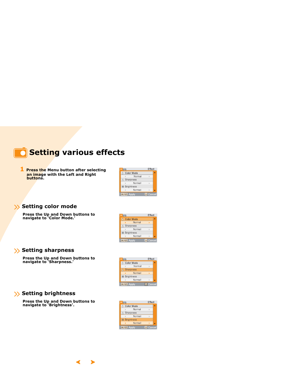Setting various effects, Setting color mode, Setting sharpness | Setting brightness, Setting various effects. t | Samsung SPP 2040 User Manual | Page 27 / 81