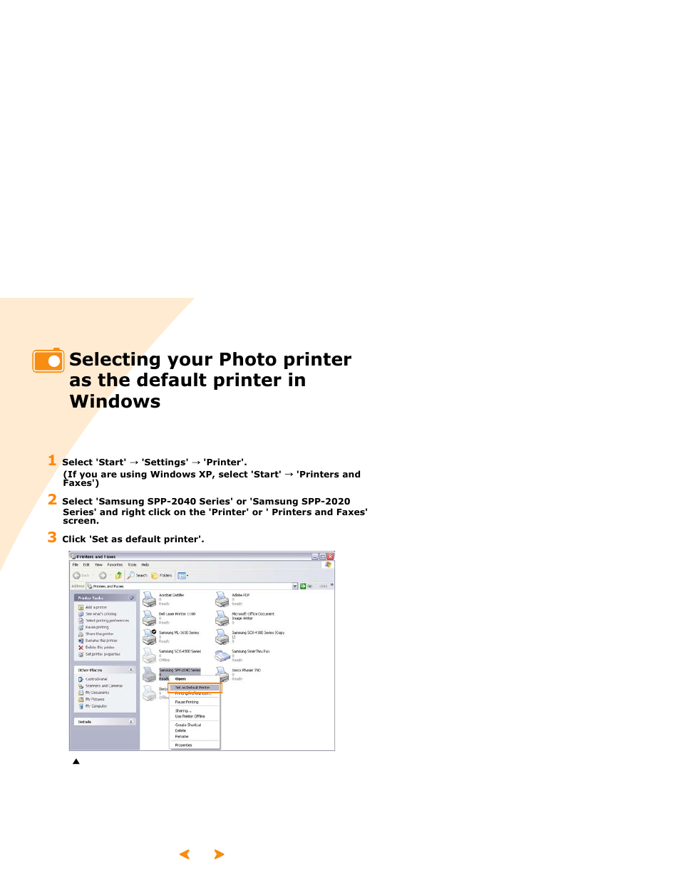 Selecting your photo printer as the default, Printer in windows | Samsung SPP 2040 User Manual | Page 44 / 81