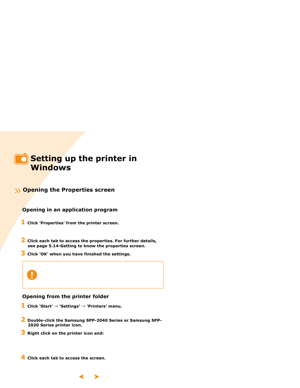 Setting up the printer in windows, Opening the properties screen | Samsung SPP 2040 User Manual | Page 47 / 81