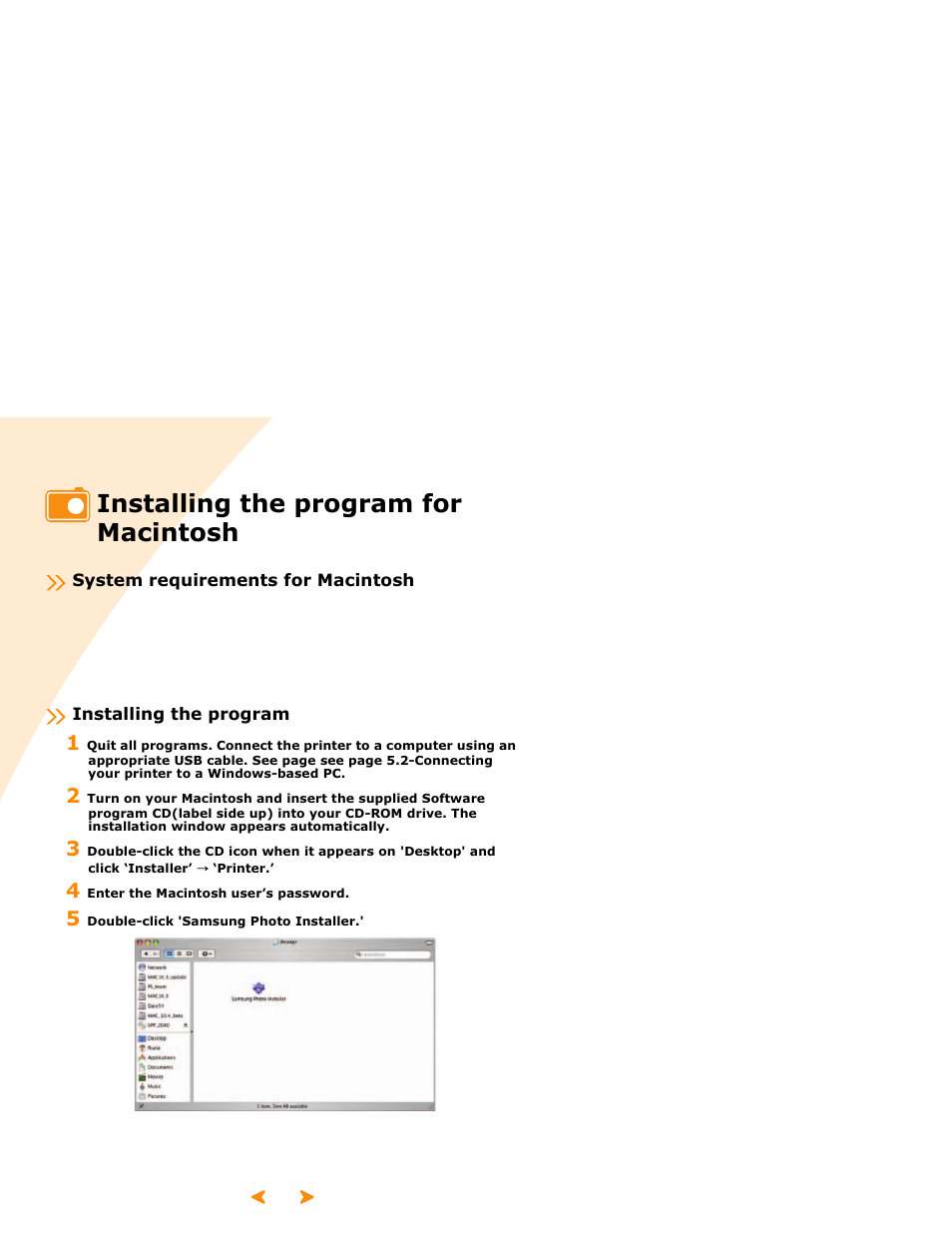 Installing the program for macintosh, System requirements for macintosh, Installing the program | Samsung SPP 2040 User Manual | Page 55 / 81