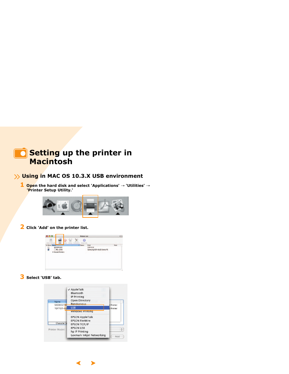 Setting up the printer in macintosh, Using in mac os 10.3.x usb environment | Samsung SPP 2040 User Manual | Page 58 / 81