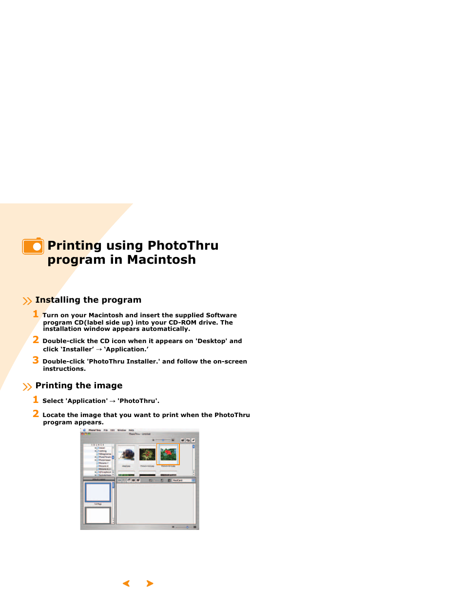 Printing using photothru program in macintosh, Installing the program, Printing the image | Installing the program printing the image | Samsung SPP 2040 User Manual | Page 63 / 81