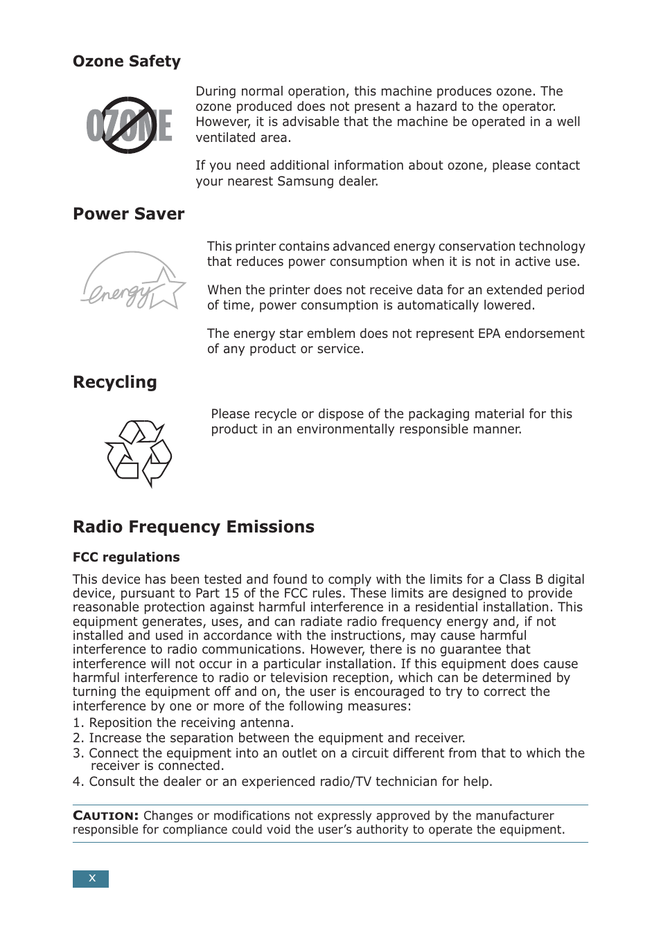 Power saver, Recycling, Radio frequency emissions | Samsung ML-2251NP User Manual | Page 11 / 203