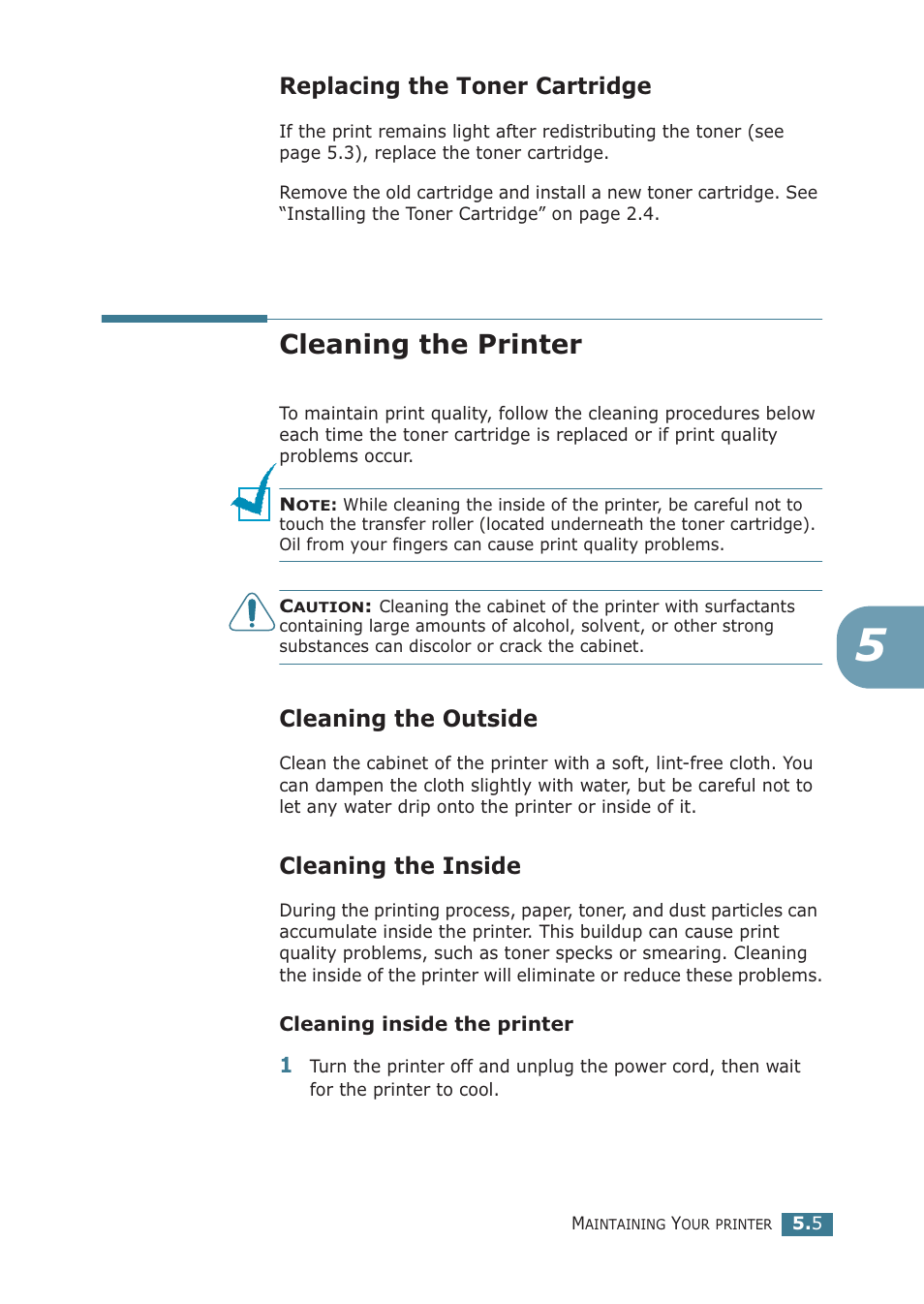 Replacing the toner cartridge, Cleaning the printer, Cleaning the outside | Cleaning the inside, Cleaning the outside cleaning the inside | Samsung ML-2251NP User Manual | Page 110 / 203
