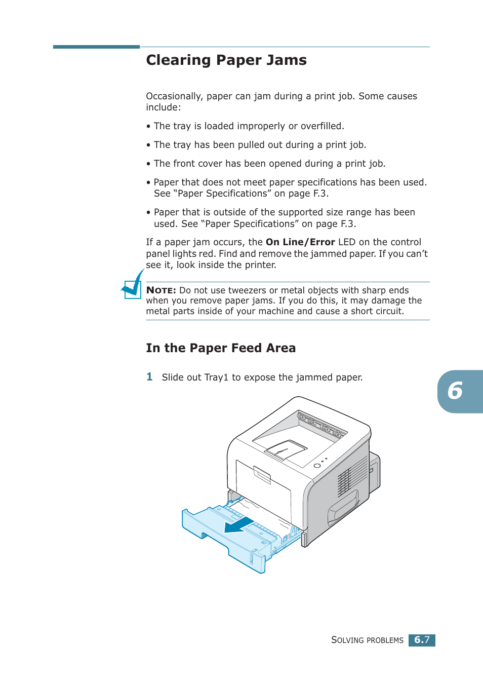 Clearing paper jams, In the paper feed area, Go to “clearing paper | Samsung ML-2251NP User Manual | Page 122 / 203