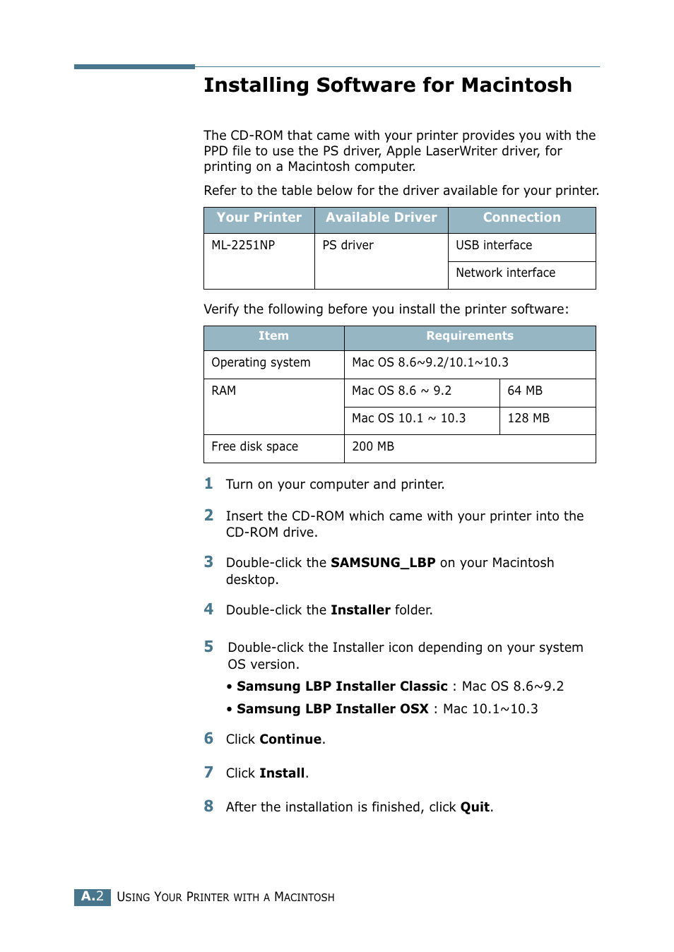 Installing software for macintosh | Samsung ML-2251NP User Manual | Page 143 / 203