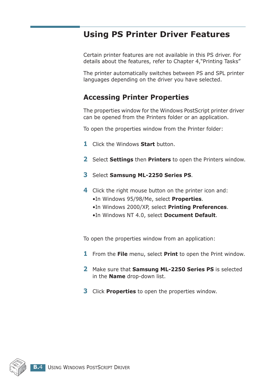 Using ps printer driver features, Accessing printer properties | Samsung ML-2251NP User Manual | Page 153 / 203