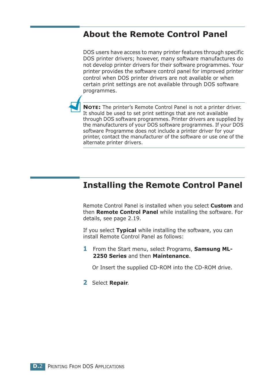 About the remote control panel, Installing the remote control panel | Samsung ML-2251NP User Manual | Page 167 / 203