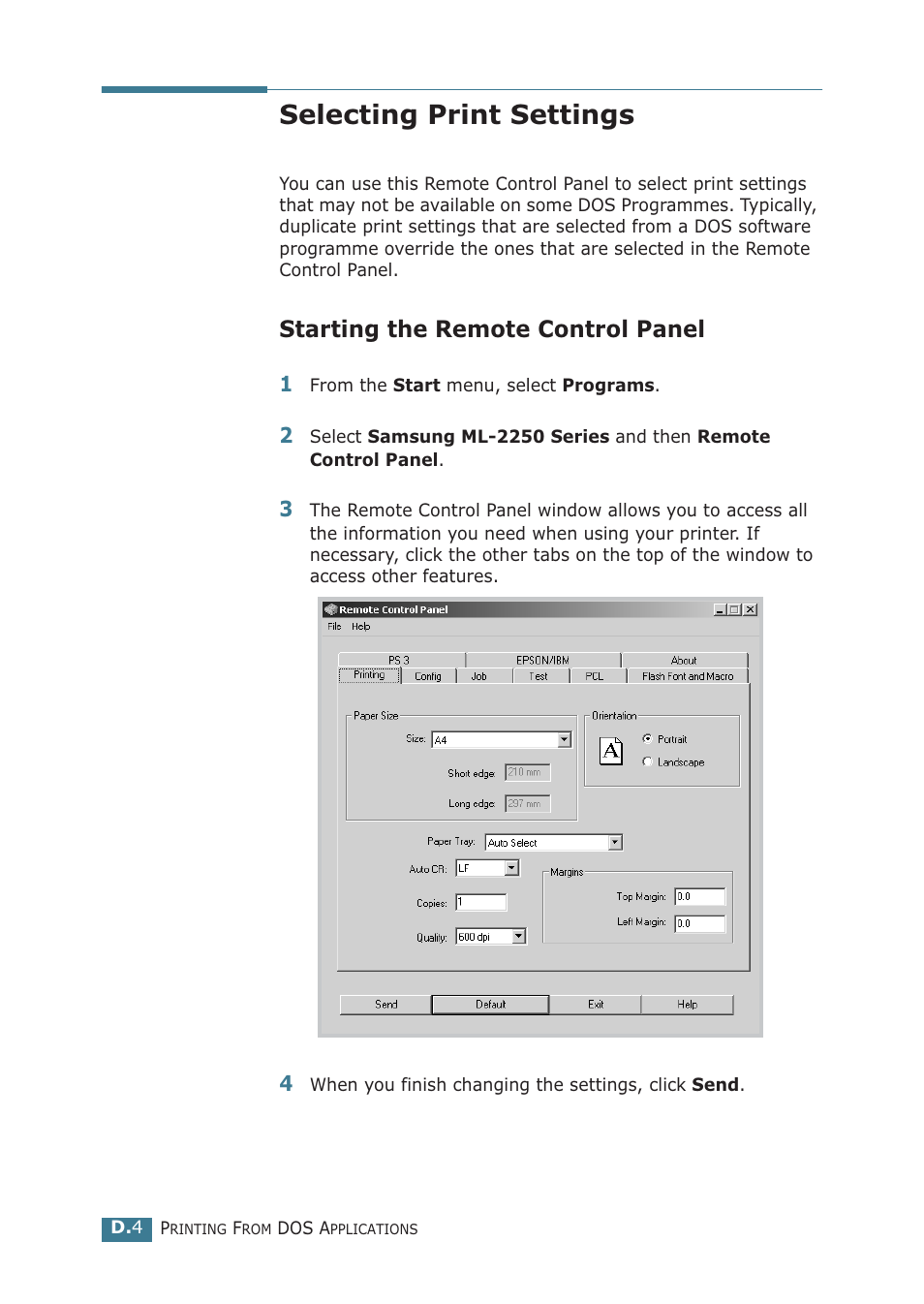Selecting print settings, Starting the remote control panel | Samsung ML-2251NP User Manual | Page 169 / 203
