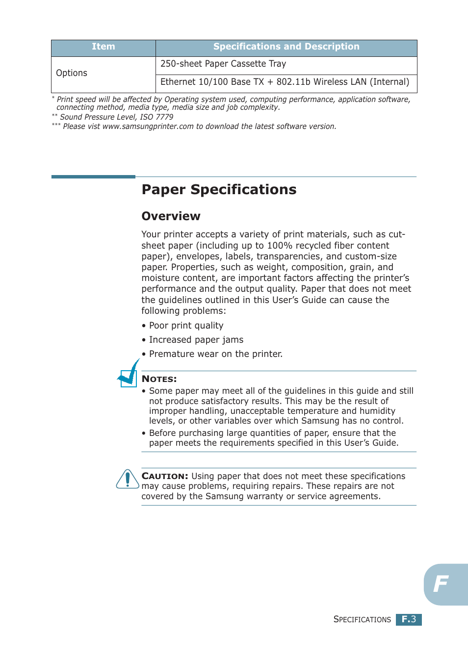 Paper specifications, Overview, Use only recommended print materials. see “paper | See “paper specifications | Samsung ML-2251NP User Manual | Page 192 / 203