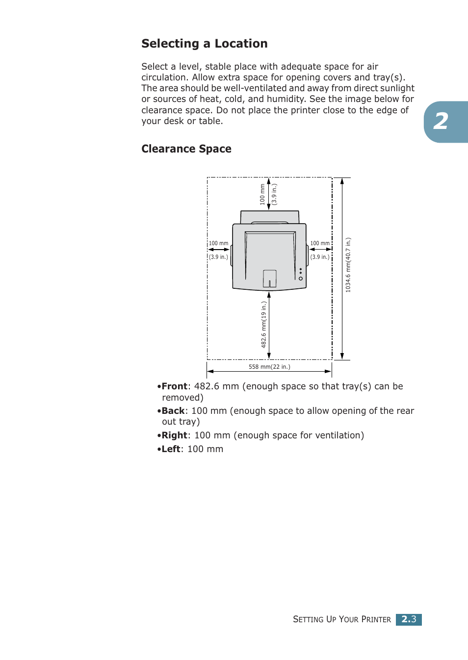 Selecting a location, Clearance space | Samsung ML-2251NP User Manual | Page 28 / 203
