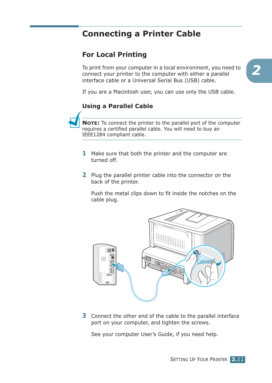 Connecting a printer cable, For local printing | Samsung ML-2251NP User Manual | Page 36 / 203