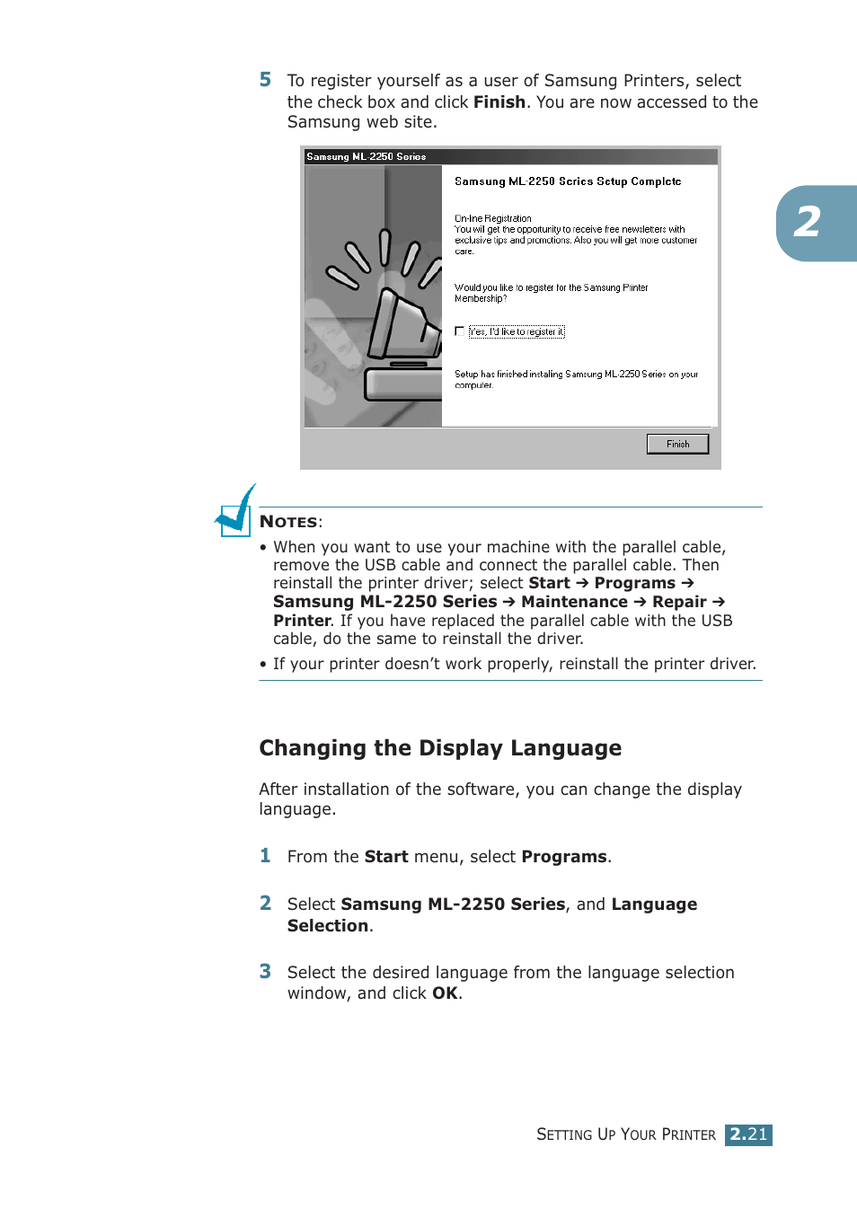 Changing the display language | Samsung ML-2251NP User Manual | Page 46 / 203