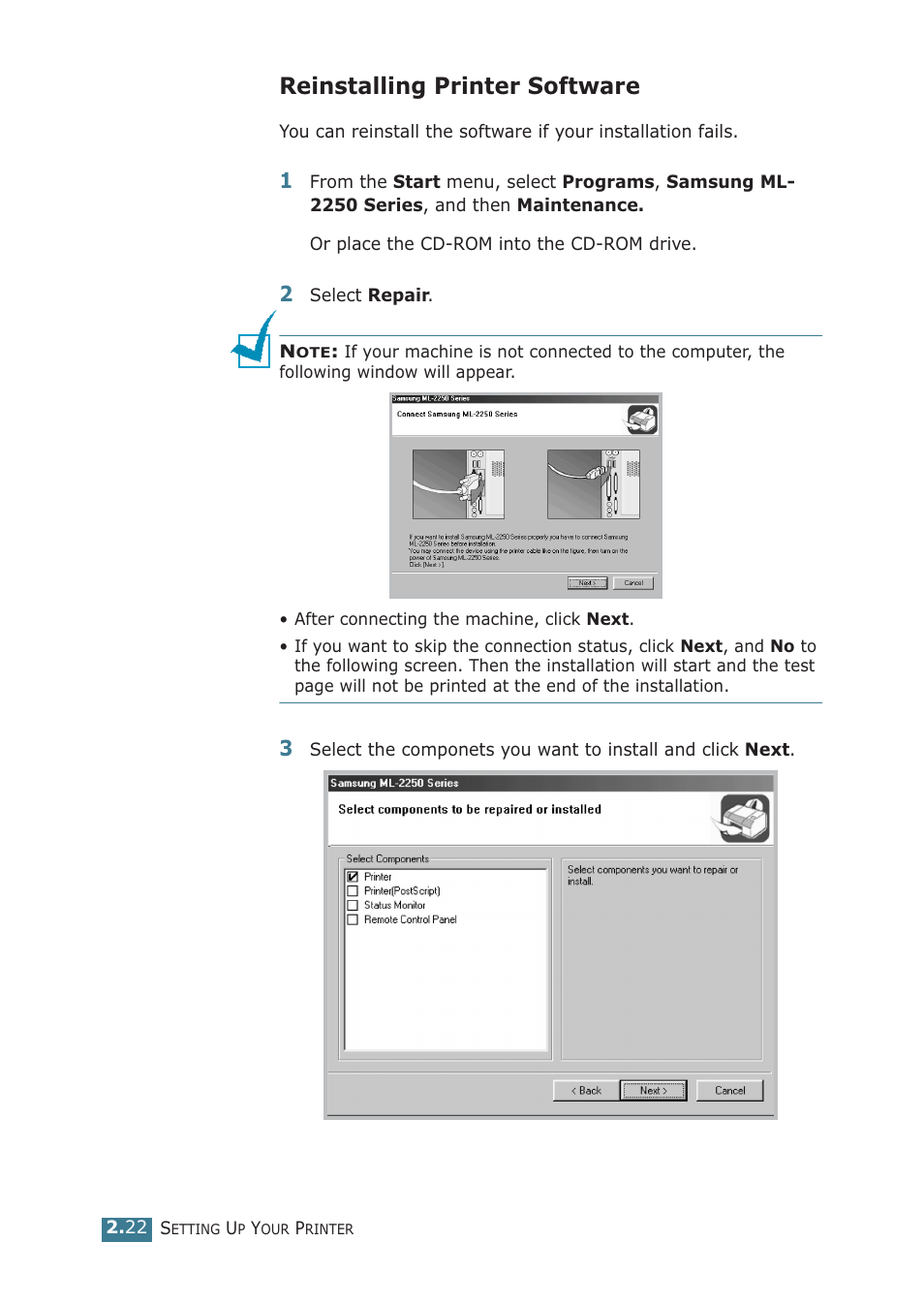 Reinstalling printer software | Samsung ML-2251NP User Manual | Page 47 / 203