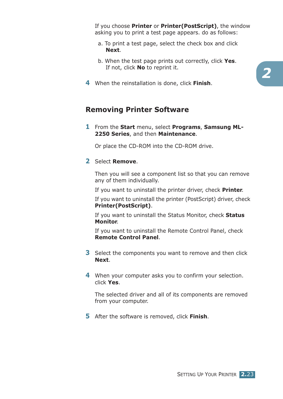 Removing printer software | Samsung ML-2251NP User Manual | Page 48 / 203